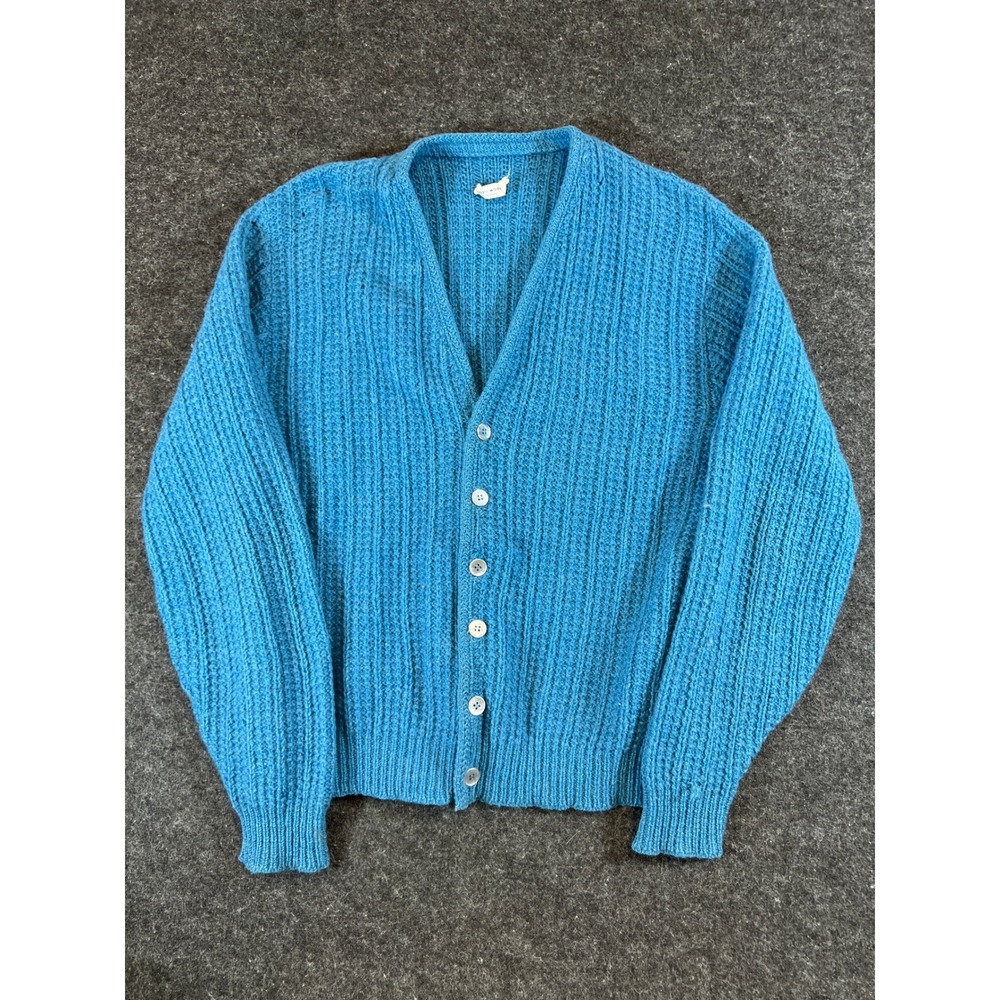 VTG 60s Wool Knit Cardigan Mens XL Blue Ribbed Button Front Sweater Rockabilly